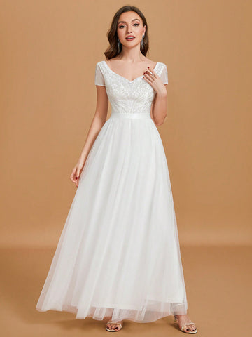 Sweetheart Neck Contrast Sequin Mesh Maxi Wedding Dress
