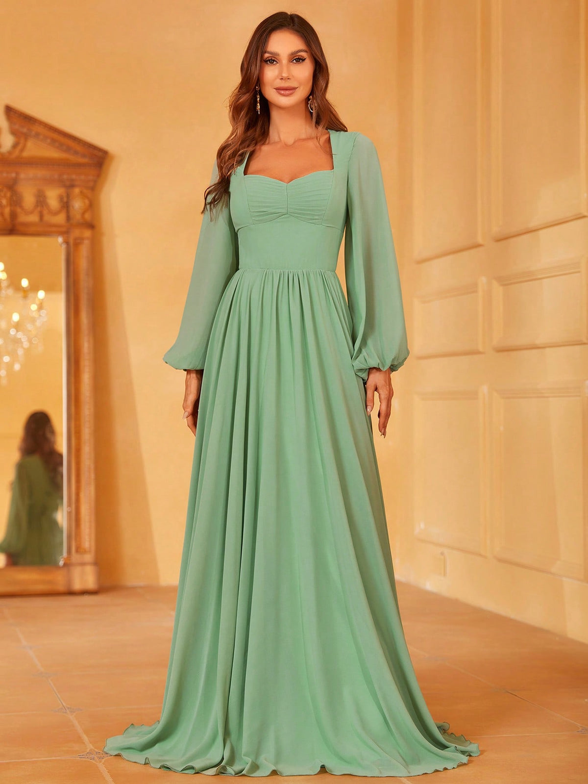 Sweetheart Neck Lantern Sleeve Chiffon Bridesmaid Dress