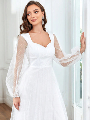 Sweetheart Neck Lantern Sleeve Dobby Mesh Wedding Dress