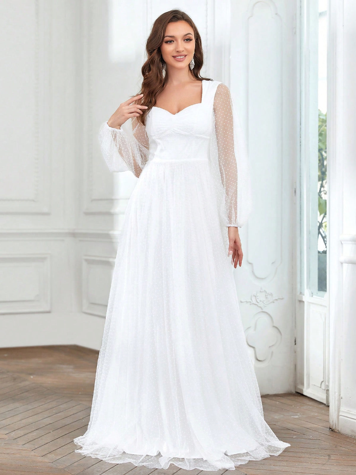 Sweetheart Neck Lantern Sleeve Dobby Mesh Wedding Dress