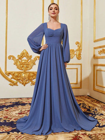 Sweetheart Neck Lantern Sleeve Ruched Bustier Chiffon Bridesmaid Dress