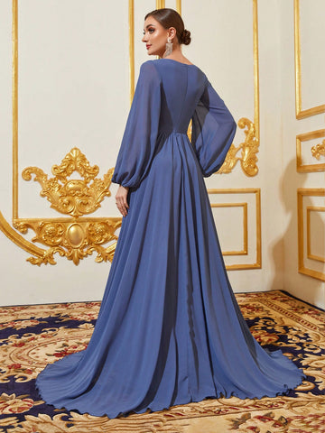 Sweetheart Neck Lantern Sleeve Ruched Bustier Chiffon Bridesmaid Dress