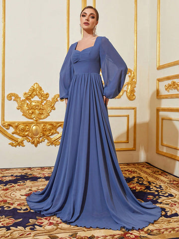 Sweetheart Neck Lantern Sleeve Ruched Bustier Chiffon Bridesmaid Dress