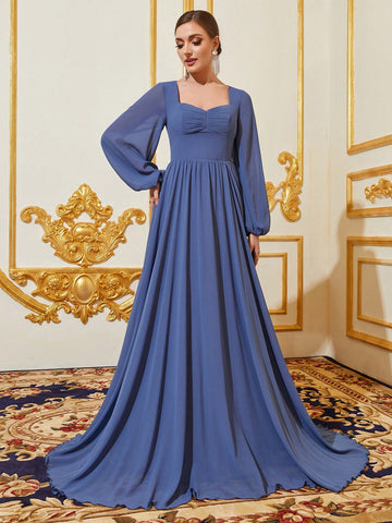 Sweetheart Neck Lantern Sleeve Ruched Bustier Chiffon Bridesmaid Dress