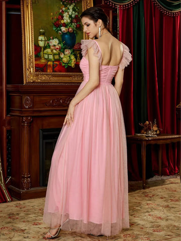 Sweetheart Neck Ruffle Trim Mesh Bridesmaid Dress