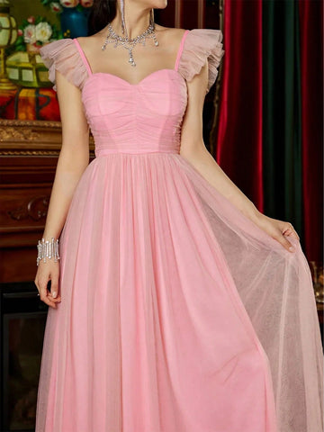 Sweetheart Neck Ruffle Trim Mesh Bridesmaid Dress