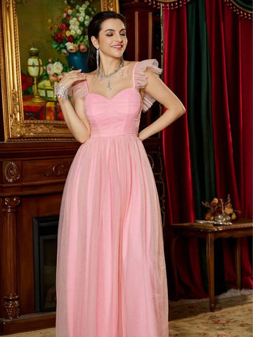 Sweetheart Neck Ruffle Trim Mesh Bridesmaid Dress