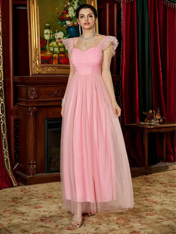 Sweetheart Neck Ruffle Trim Mesh Bridesmaid Dress