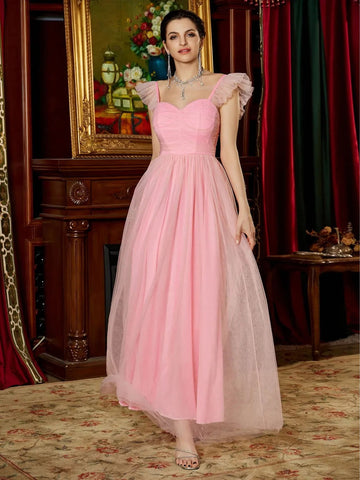 Sweetheart Neck Ruffle Trim Mesh Bridesmaid Dress