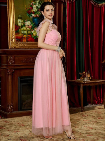 Sweetheart Neck Ruffle Trim Mesh Bridesmaid Dress