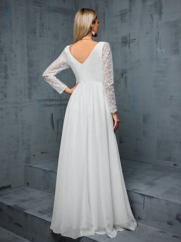 Sweetheart Neckline Lace Long Sleeve Chiffon Spliced A-line Wedding Dress With High Slit