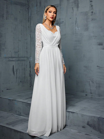 Sweetheart Neckline Lace Long Sleeve Chiffon Spliced A-line Wedding Dress With High Slit