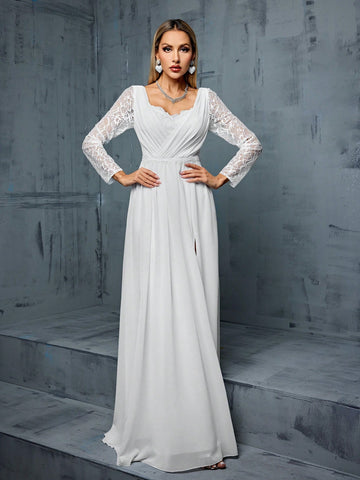 Sweetheart Neckline Lace Long Sleeve Chiffon Spliced A-line Wedding Dress With High Slit