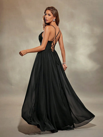 Sweetheart Neckline Spaghetti Strap Chiffon & Sparkly Fabric Patchwork Dress With Ruched Bust And Front Slit