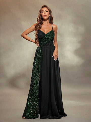 Sweetheart Neckline Spaghetti Strap Chiffon & Sparkly Fabric Patchwork Dress With Ruched Bust And Front Slit
