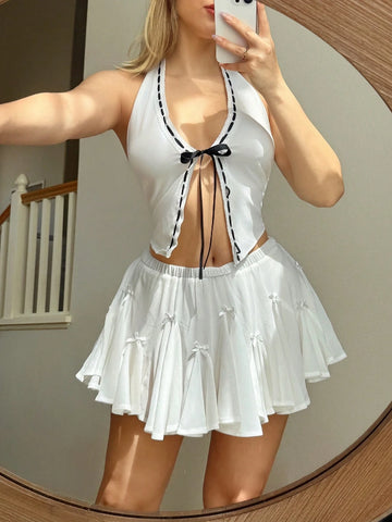 Sweetina Plus Size Flared Mini Skirt With Oversized Bow Decor