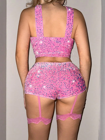 Sweetina Women's Sexy Going Out Summer Outfits Festival Concert Outfit Simple Fitted Casual Low Waist Sequin Decor Shorts