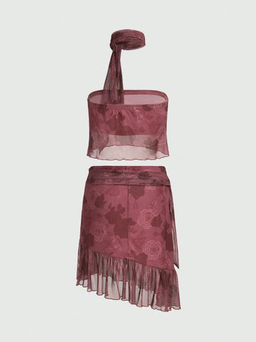Sweetness Romantic Rose Y2k Style Women's Slim Fit Sleeveless Top And Asymmetrical Hem Skirt Set