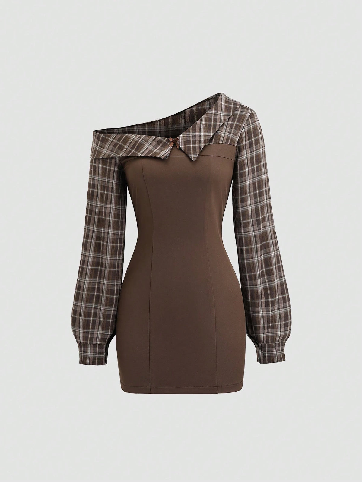 Sweetra Autumn/Winter Retro Elegant Chic Academic Style Printed Patchwork Oblique Shoulder Shirt Waist Slimming A-Line Women Dress