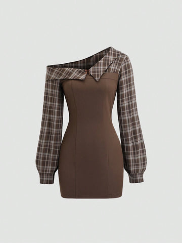 Sweetra Autumn/Winter Retro Elegant Chic Academic Style Printed Patchwork Oblique Shoulder Shirt Waist Slimming A-Line Women Dress