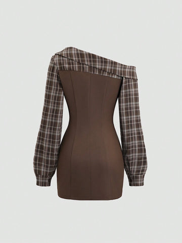 Sweetra Autumn/Winter Retro Elegant Chic Academic Style Printed Patchwork Oblique Shoulder Shirt Waist Slimming A-Line Women Dress