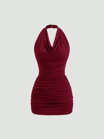 Sweetra Backless Draped Neck Tie Waist Slim Fit Bodycon Mini Dress, Sleeveless, Sexy, Black