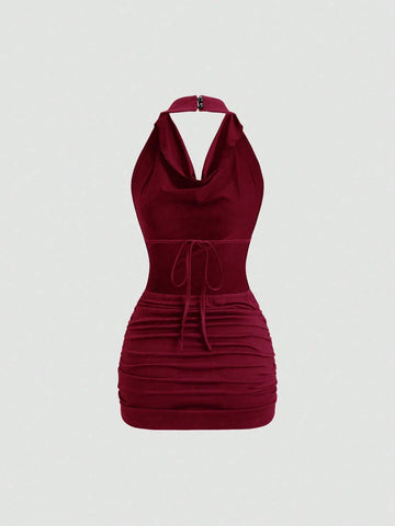 Sweetra Backless Draped Neck Tie Waist Slim Fit Bodycon Mini Dress, Sleeveless, Sexy, Black