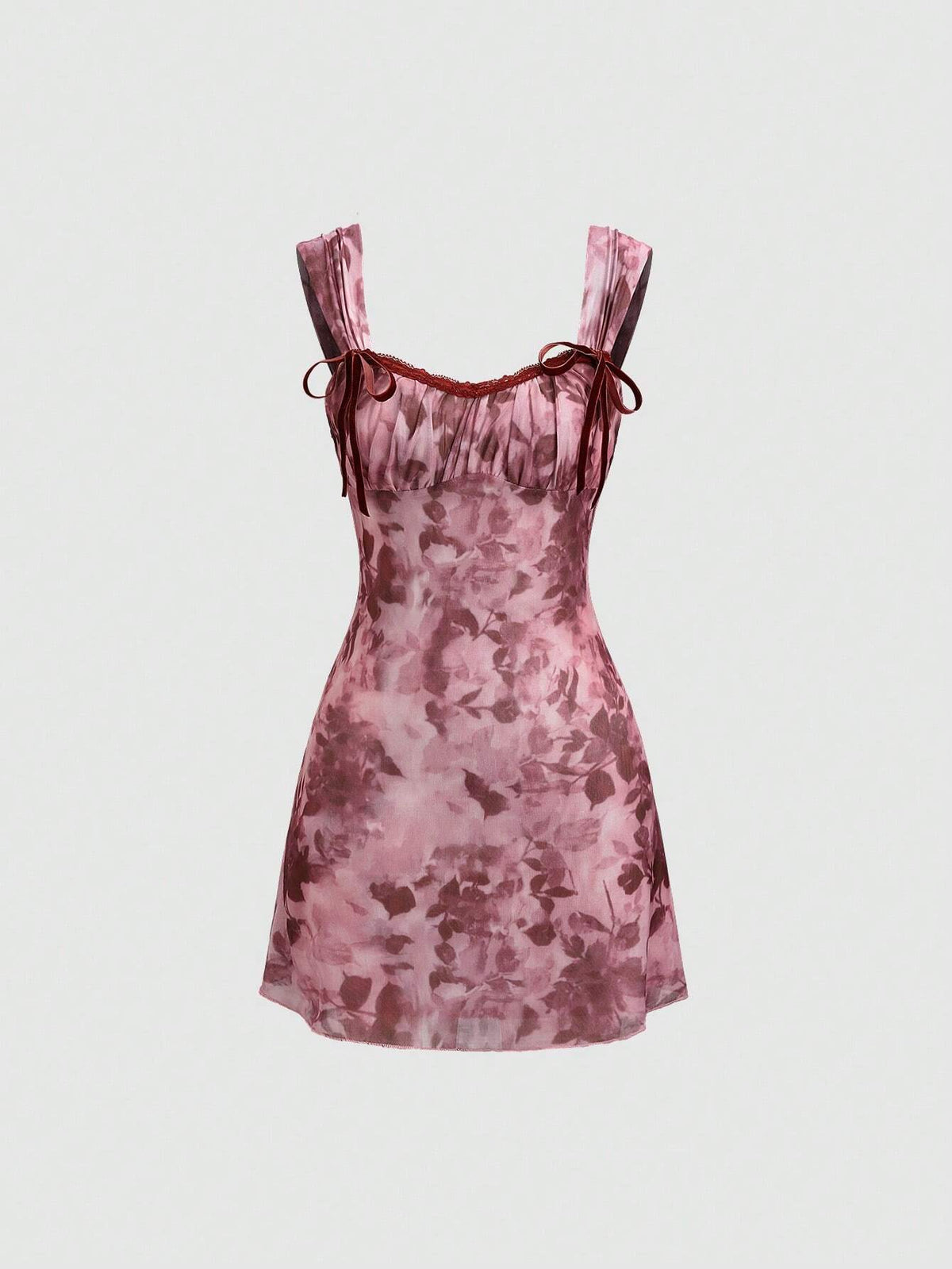 Sweetra Elegant Sweet Mesh Ink Floral Print Bow Tie Sleeveless Gathered Bust Lady Dress