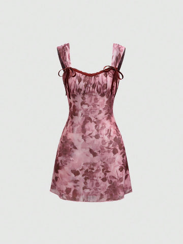 Sweetra Elegant Sweet Mesh Ink Floral Print Bow Tie Sleeveless Gathered Bust Lady Dress