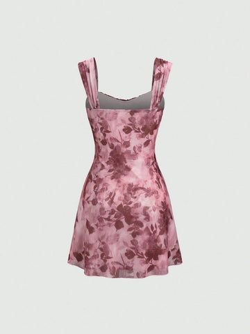 Sweetra Elegant Sweet Mesh Ink Floral Print Bow Tie Sleeveless Gathered Bust Lady Dress