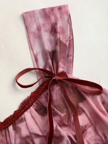 Sweetra Elegant Sweet Mesh Ink Floral Print Bow Tie Sleeveless Gathered Bust Lady Dress