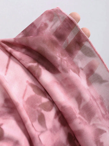 Sweetra Elegant Sweet Mesh Ink Floral Print Bow Tie Sleeveless Gathered Bust Lady Dress