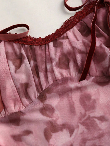 Sweetra Elegant Sweet Mesh Ink Floral Print Bow Tie Sleeveless Gathered Bust Lady Dress