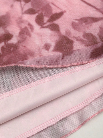 Sweetra Elegant Sweet Mesh Ink Floral Print Bow Tie Sleeveless Gathered Bust Lady Dress