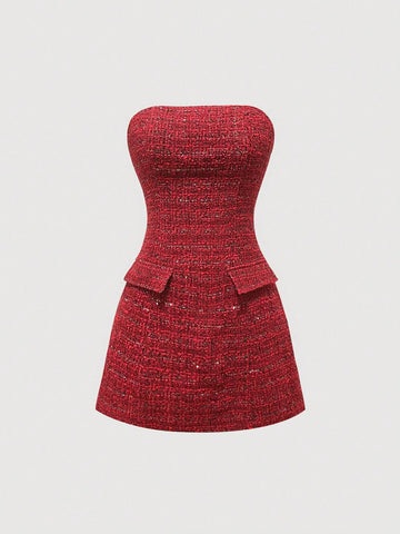 Sweetra French Elegant High-End Waist Fit Strapless A-Line Mini Dress For Women