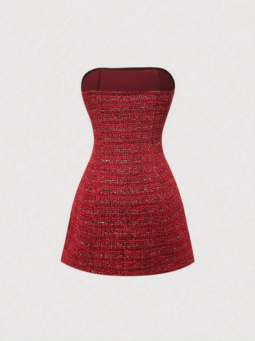 Sweetra French Elegant High-End Waist Fit Strapless A-Line Mini Dress For Women