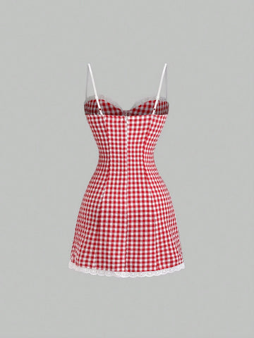 Sweetra Plaid Print Lace Trim Spaghetti Strap Waisted Dress