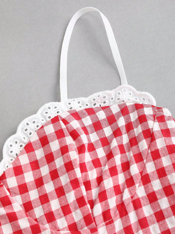 Sweetra Plaid Print Lace Trim Spaghetti Strap Waisted Dress