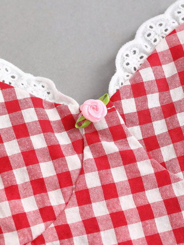 Sweetra Plaid Print Lace Trim Spaghetti Strap Waisted Dress