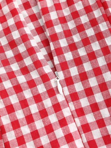 Sweetra Plaid Print Lace Trim Spaghetti Strap Waisted Dress