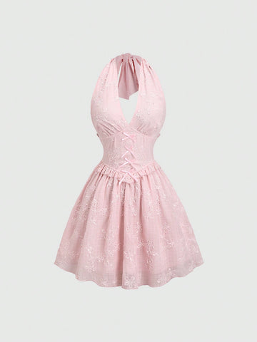 Sweetra Sweet French Jacquard Halter Backless A-Line Mini Dress, Feminine Pink Color
