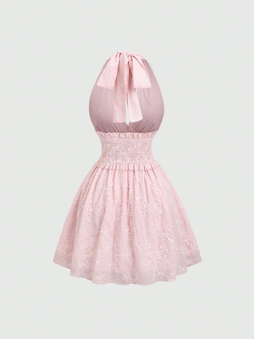 Sweetra Sweet French Jacquard Halter Backless A-Line Mini Dress, Feminine Pink Color
