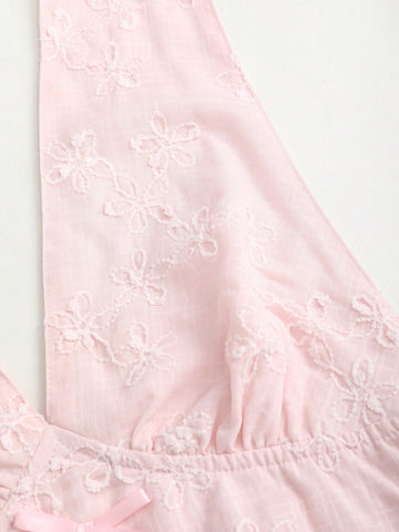 Sweetra Sweet French Jacquard Halter Backless A-Line Mini Dress, Feminine Pink Color