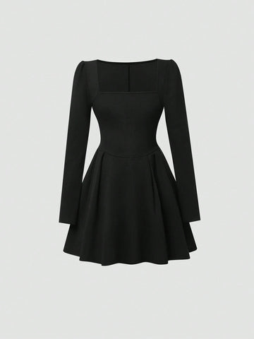 Sweetra Women Square Neck Long Sleeve Elegant Short Dress, Solid Color, Autumn