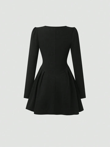 Sweetra Women Square Neck Long Sleeve Elegant Short Dress, Solid Color, Autumn