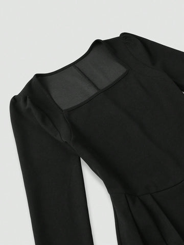 Sweetra Women Square Neck Long Sleeve Elegant Short Dress, Solid Color, Autumn