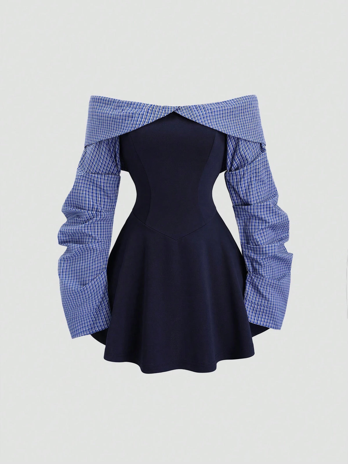 Sweetra Women's Autumn/Winter College Style Minimalist Sexy Off Shoulder Color Block Waist Fitted Short Mini Dress