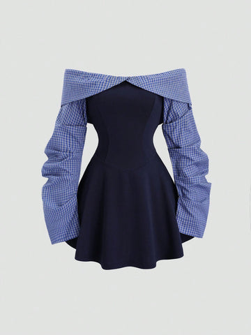 Sweetra Women's Autumn/Winter College Style Minimalist Sexy Off Shoulder Color Block Waist Fitted Short Mini Dress