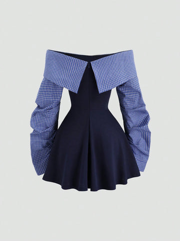 Sweetra Women's Autumn/Winter College Style Minimalist Sexy Off Shoulder Color Block Waist Fitted Short Mini Dress