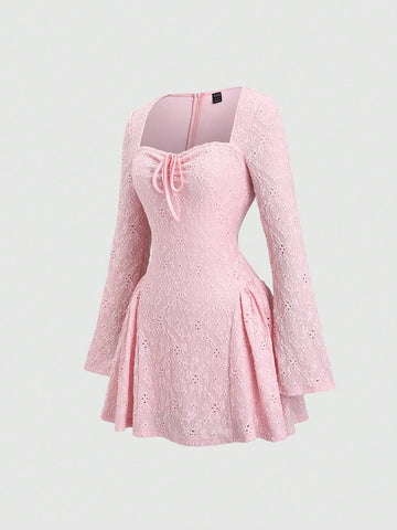 Sweetra Women's Autumn/Winter Minimalist Waist-Defining Knitted Texture Fabric Mini Dress, Slim Fit